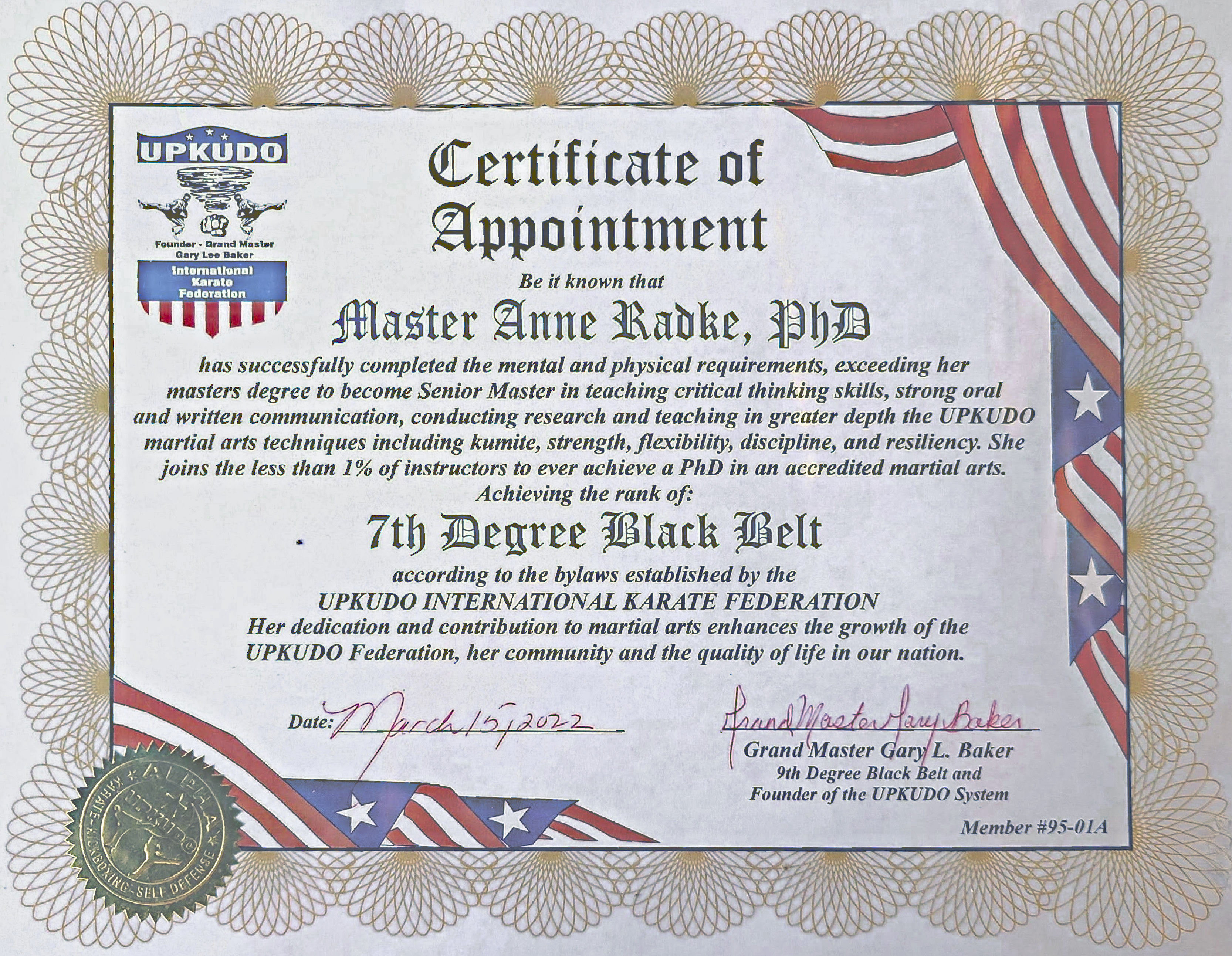 7th Degree Black Belt Appointment Certificate