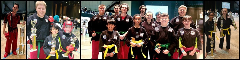 Collage of photos of competitors and their trophies