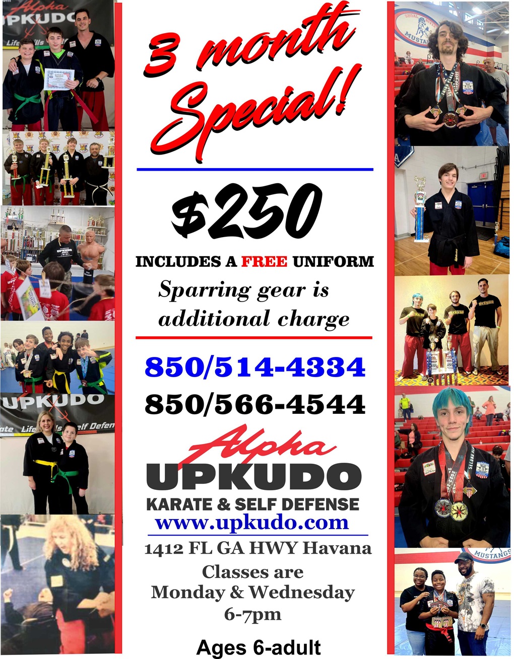 3 Month Special! $250 includes a free uniform. Sparring gear is additional charge. Call 850-514-4334 or 850-566-4544. Alpha UPKUDO is located at 1412 Florida Georgia Highway, Havana, Florida. Classes are Monday and Wednesday six to seven p.m.